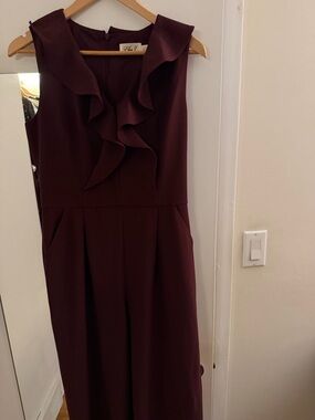 Eliza J Sleeveless Ruffle Neck jumpsuit  in burgundy